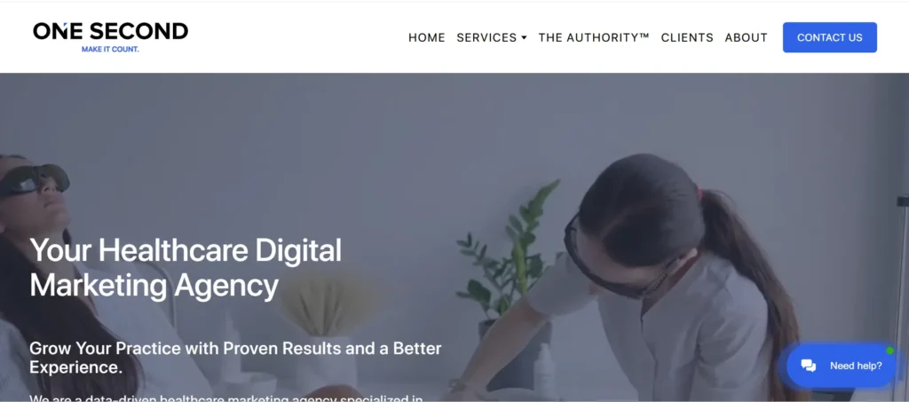 Homepage of One Second agency with a banner showing a doctor performing a laser procedure and tagline promoting healthcare digital marketing services