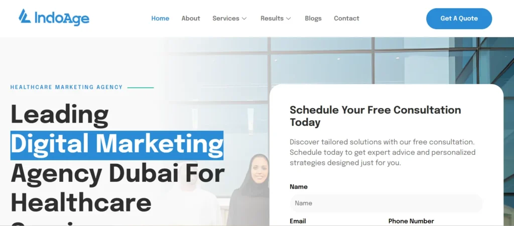IndoAge homepage with bold headline “Leading Digital Marketing Agency Dubai For Healthcare” and a free consultation form on the right side