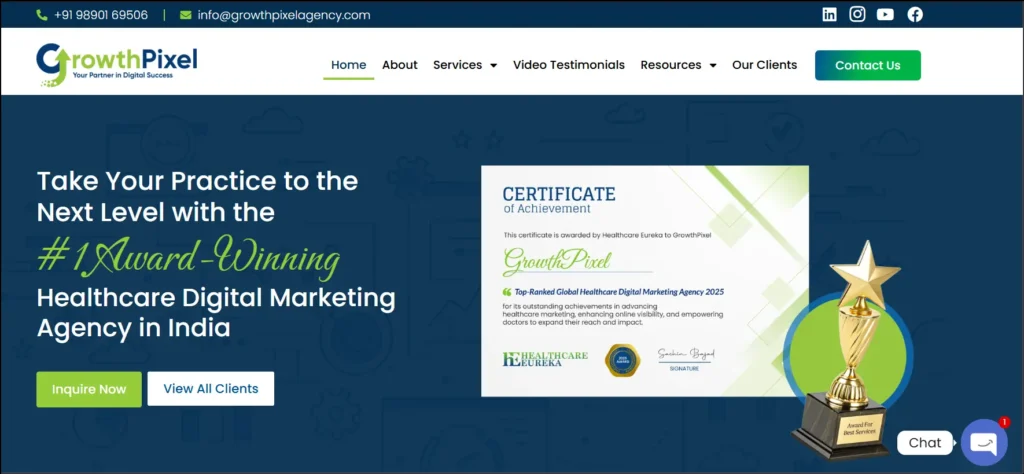 GrowthPixel homepage banner displaying a certificate of achievement from Healthcare Eureka for being the Top-Ranked Global Healthcare Digital Marketing Agency