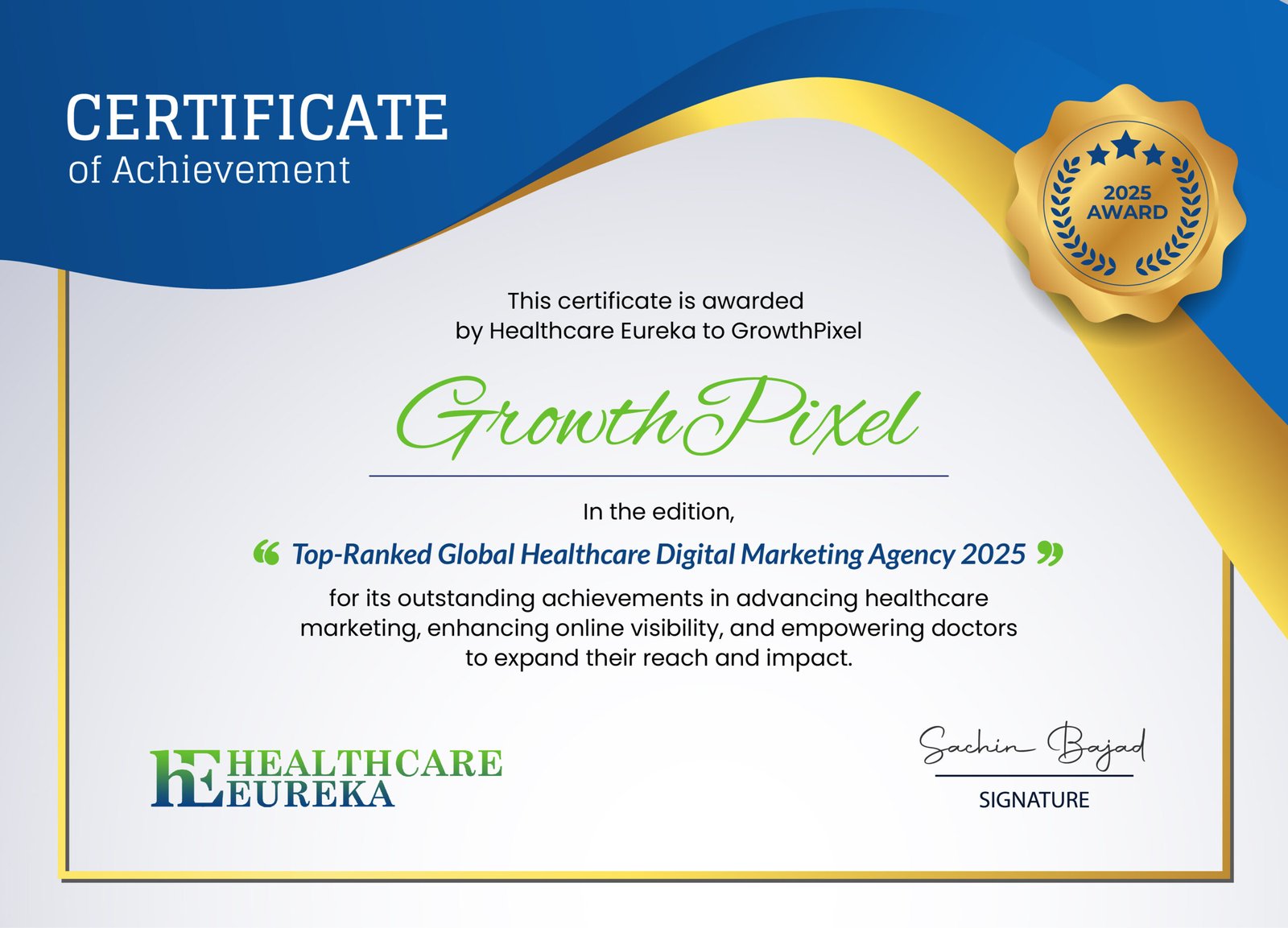Certificate of Achievement awarded to GrowthPixel by Healthcare Eureka for being the Top Ranked Global Healthcare Digital Marketing Agency 2025 scaled Certificate of Achievement awarded to GrowthPixel by Healthcare Eureka for being the Top-Ranked Global Healthcare Digital Marketing Agency 2025