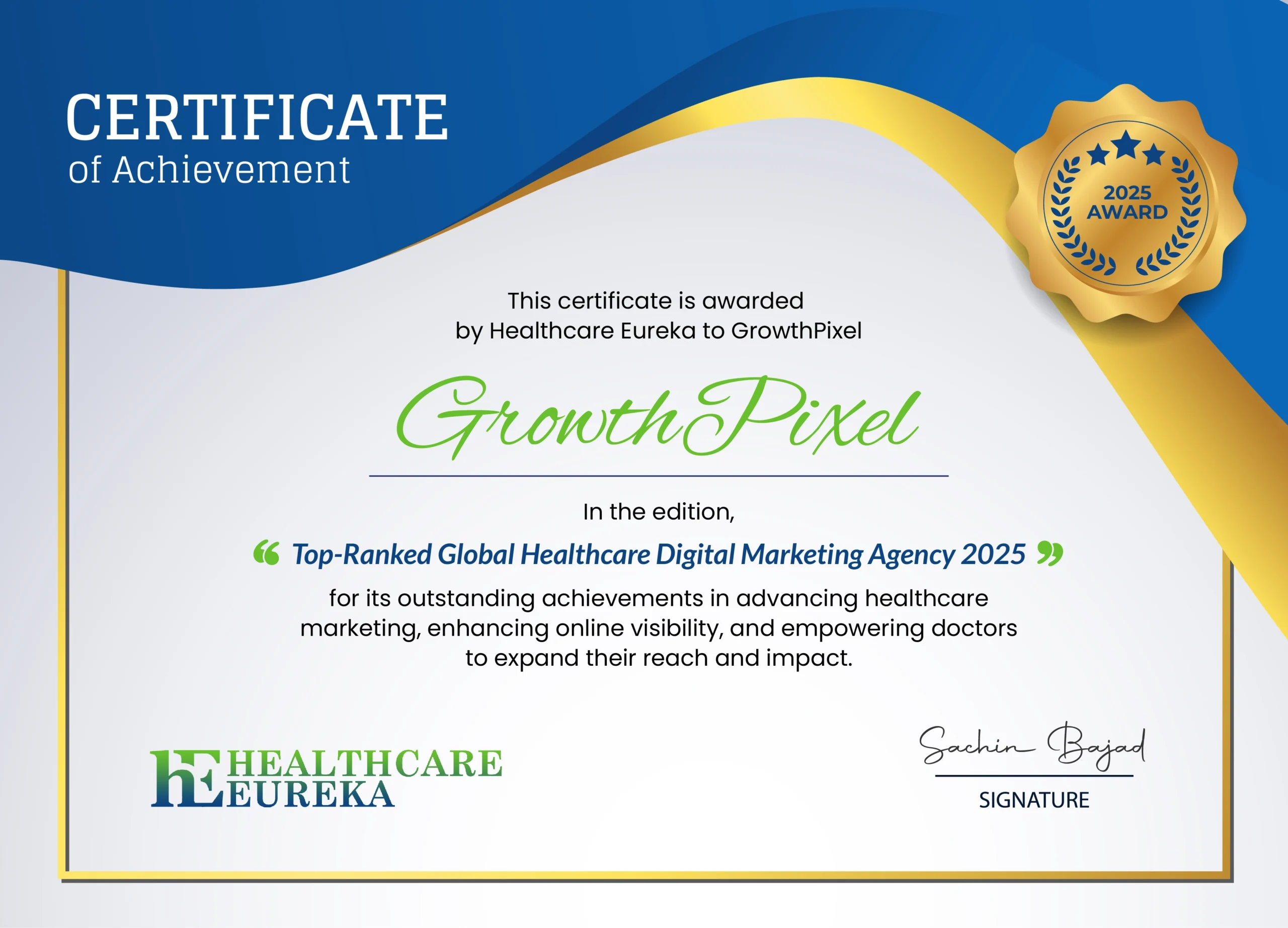 Certificate of Achievement awarded to GrowthPixel by Healthcare Eureka for being the Top-Ranked Global Healthcare Digital Marketing Agency 2025