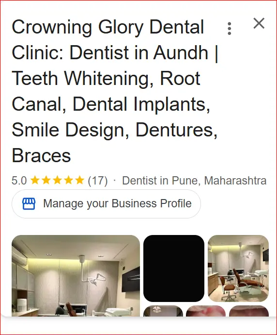 Crowning Glory Dental Clinic Google Business listing with 5-star rating and dental treatment highlights in Aundh, Pune