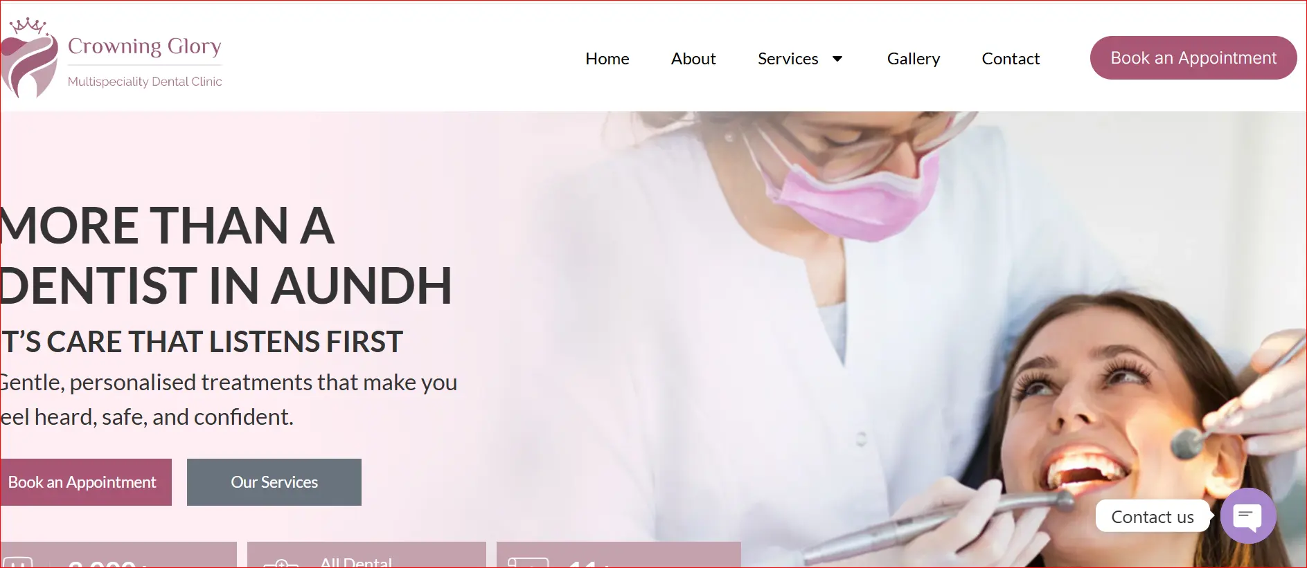 Crowning Glory Dental Clinic website banner showing dentist treating female patient and promoting gentle, personalised care in Aundh