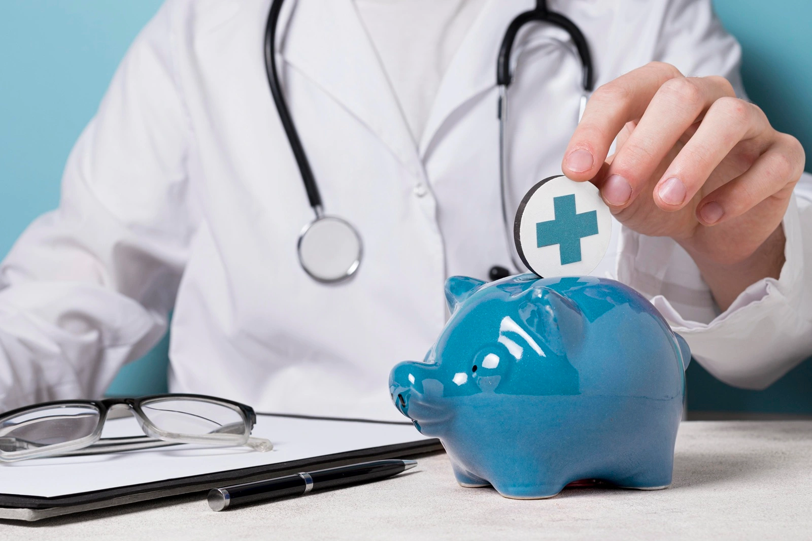 Doctor placing a medical cross symbol coin into a piggy bank, representing healthcare savings or financial planning in healthcare