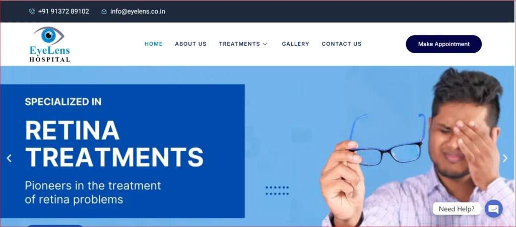 EyeLens Hospital specializing in retina treatments with a patient holding glasses showing eye strain EyeLens Hospital specializing in retina treatments with a patient holding glasses, showing eye strain