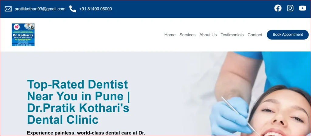 Homepage of Dr. Pratik Kothari_s Dental Clinic in Pune showcasing top-rated dentist services and appointment booking option