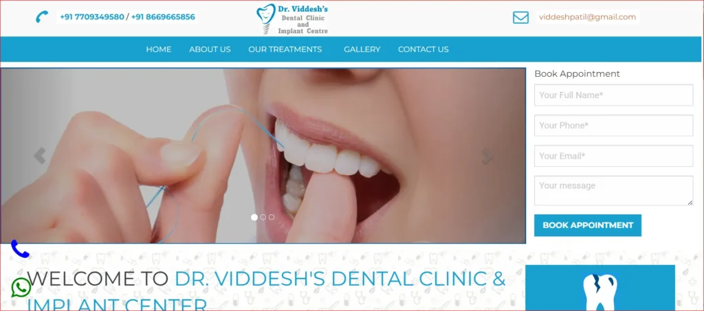 Homepage of Dr. Viddesh’s Dental Clinic and Implant Centre with flossing image and online appointment booking form