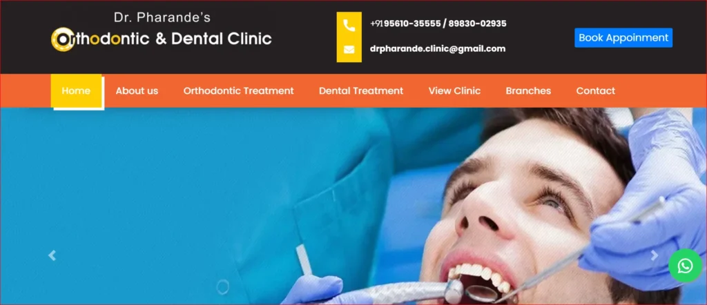 Website homepage of Dr. Pharande’s Orthodontic & Dental Clinic featuring orthodontic treatment options and contact details