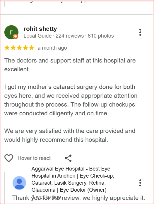 Google Review for Aggarwal Eye Hospital