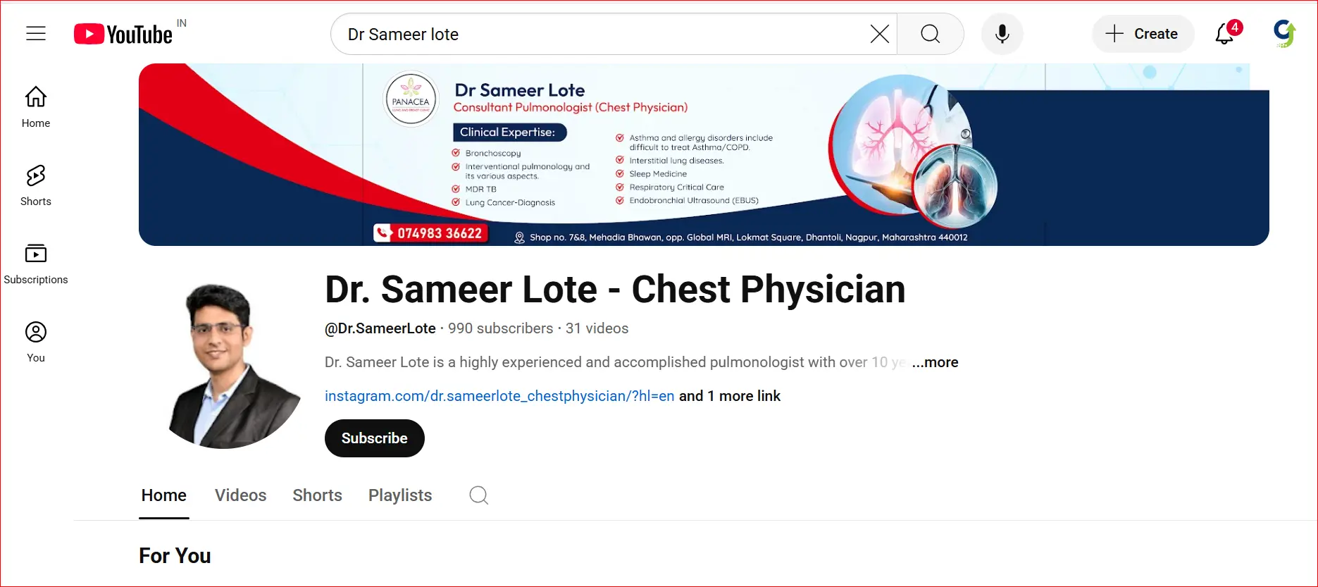 YouTube profile page of Dr. Sameer Lote, a pulmonologist, with clinical expertise listed