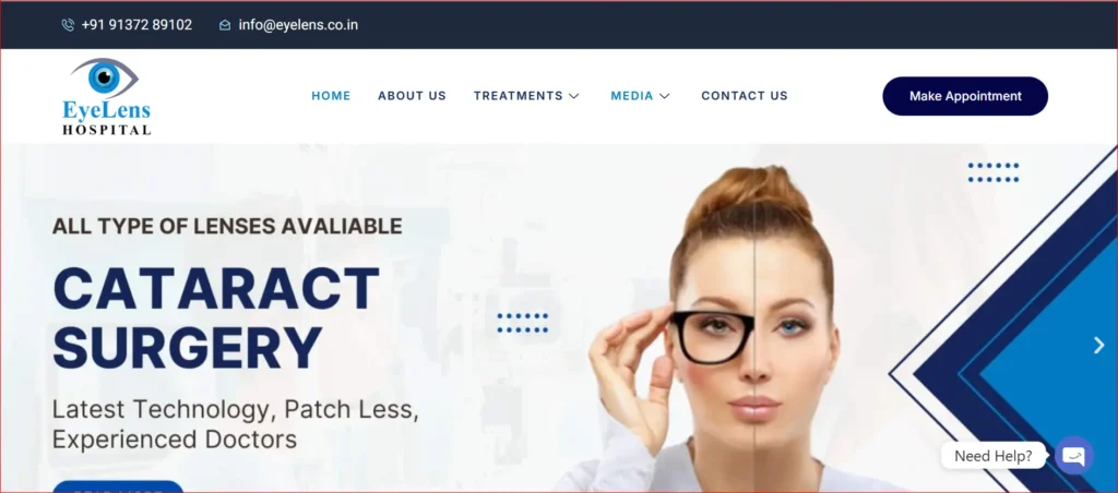 EyeLens Hospital cataract surgery banner with patient visual comparison