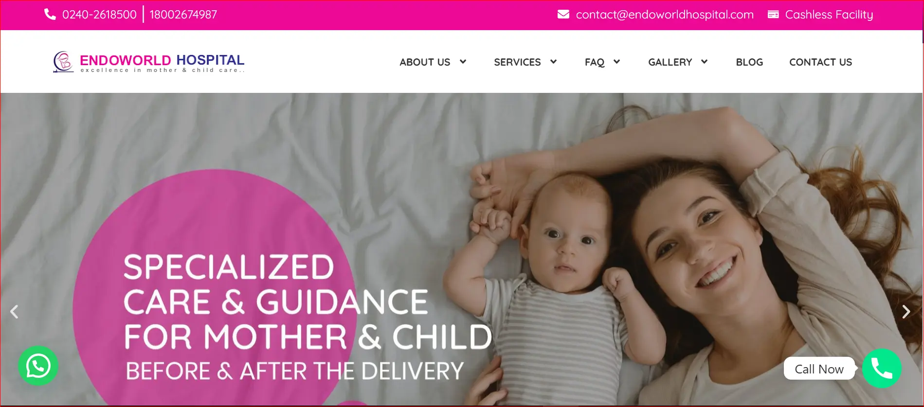 Endoworld Hospital website banner showing mother and baby highlighting specialized care for mother and child before and after delivery