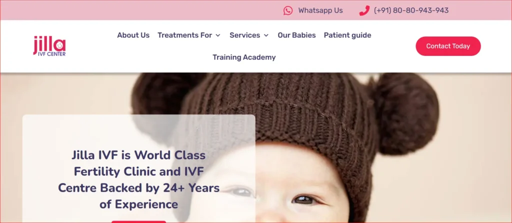 Jilla IVF Center website banner showing baby image and text highlighting 24 plus years of fertility treatment experience