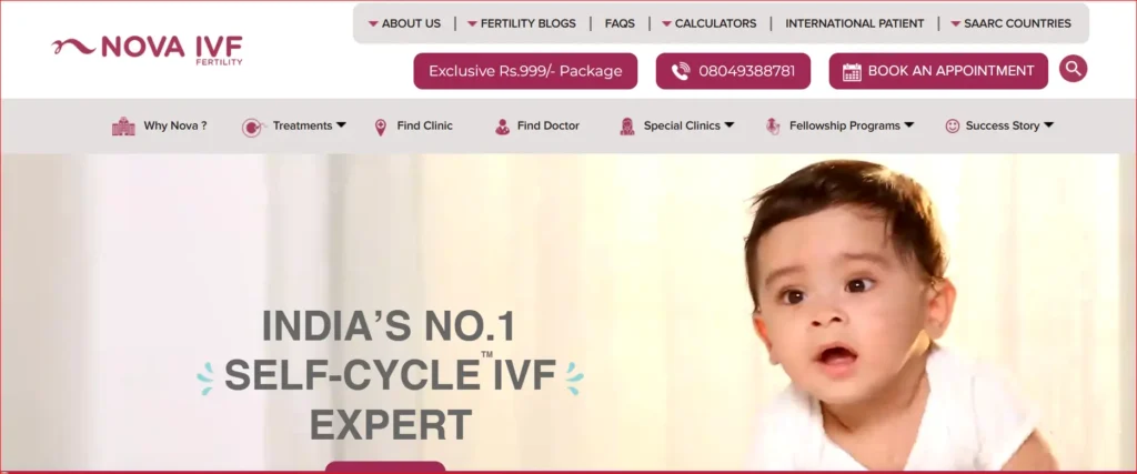 Nova IVF Fertility website homepage banner showing baby image and headline promoting self-cycle IVF expertise in India