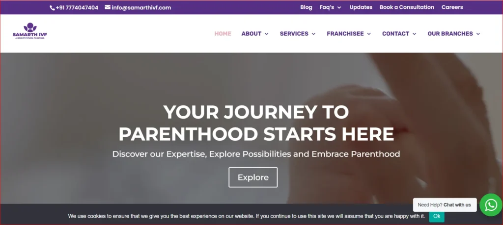 Samarth IVF website homepage banner with message Your journey to parenthood starts here and background image of baby