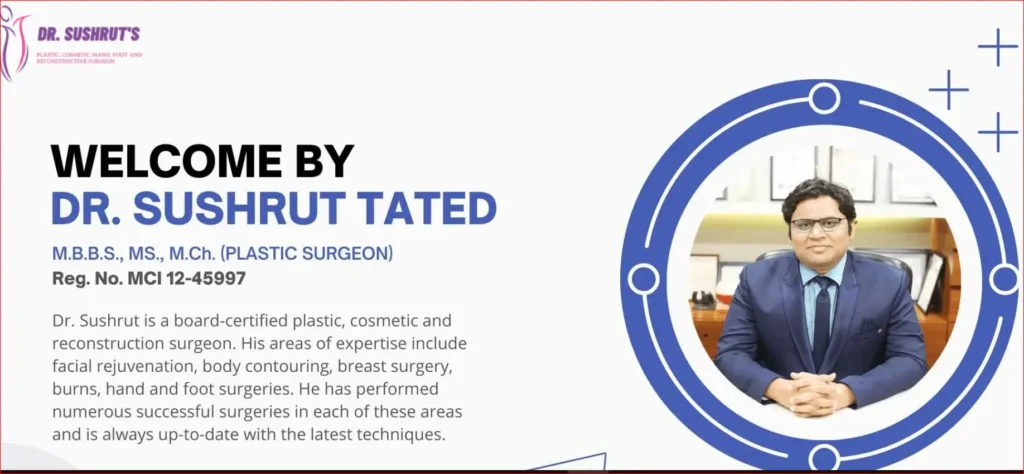 Dr Sushrut Tated plastic surgeon portrait in clinic with credentials