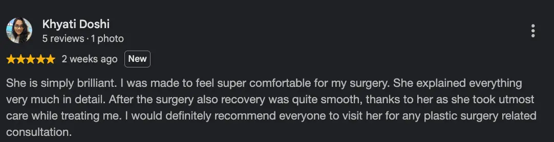 Five-star Google review saying she explained everything in detail and the recovery after surgery was smooth