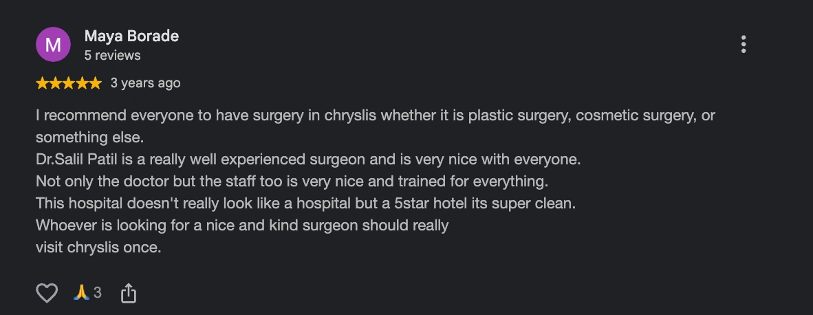 Five-star Google review calling Dr. Salil Patil a well experienced surgeon and praising the Chrysalis staff