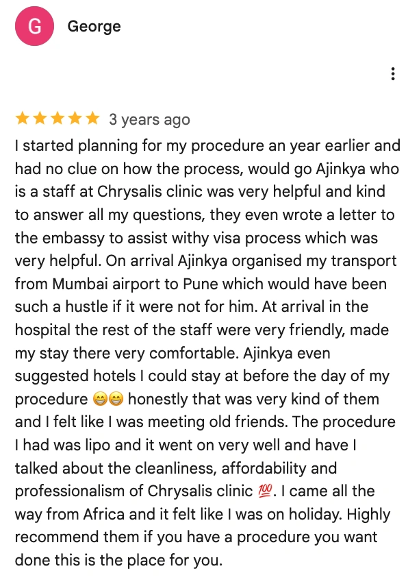 Five-star Google review from an overseas patient praising the Chrysalis clinic staff and their liposuction experience