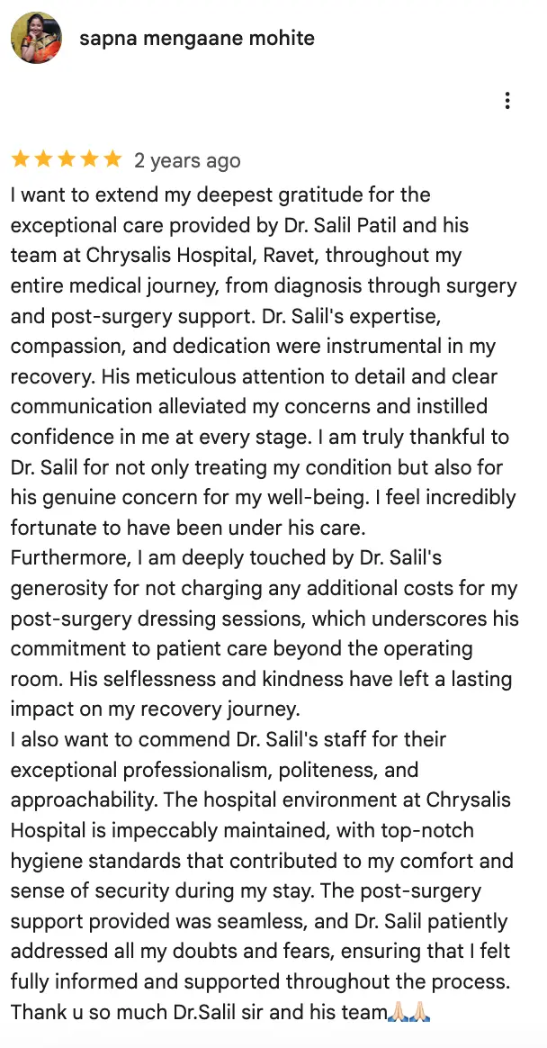 Five-star Google review from a patient thanking Dr. Salil Patil and his Chrysalis team for surgery and post-surgery care