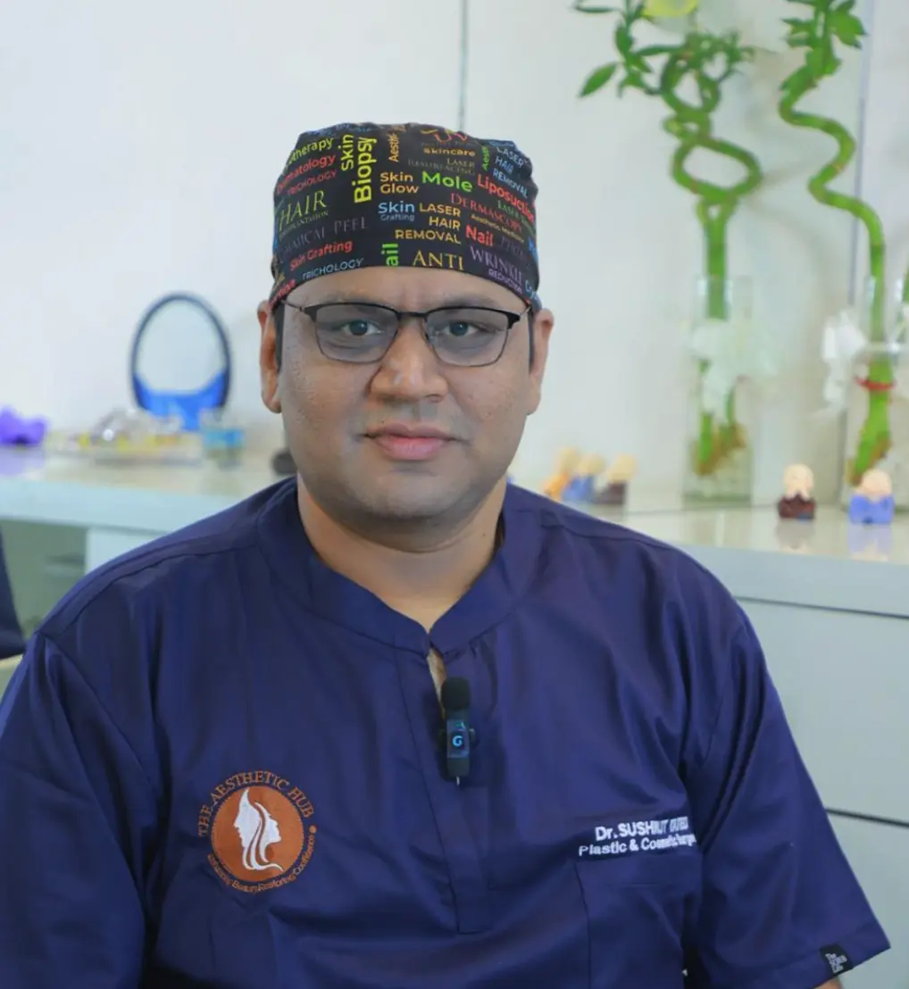 Dr. Sushrut Tated, plastic and cosmetic surgeon in Pune, in navy scrubs and a surgical cap